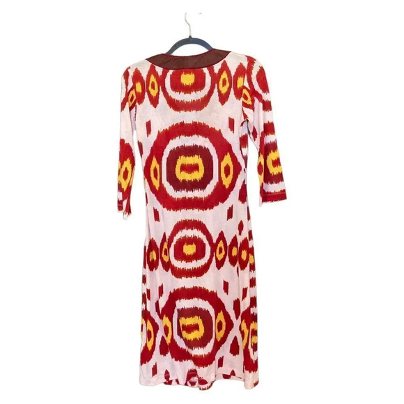 ANTHROPOLOGIE Ranna Gill Silk Kaftan Tunic Ikat Red & Yellow Beaded Size Small - Picture 2 of 6